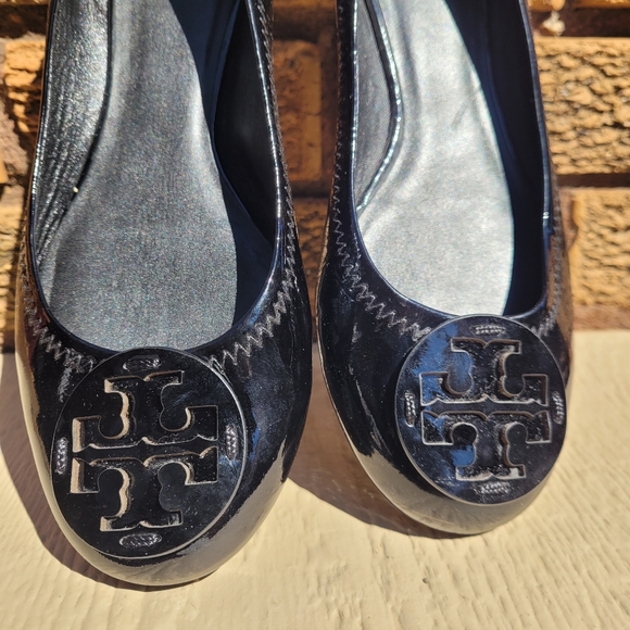 Tory Burch Reva Black Patent Leather Scrunch Back Ballet Flat Shoes Size 8M - Picture 6 of 10